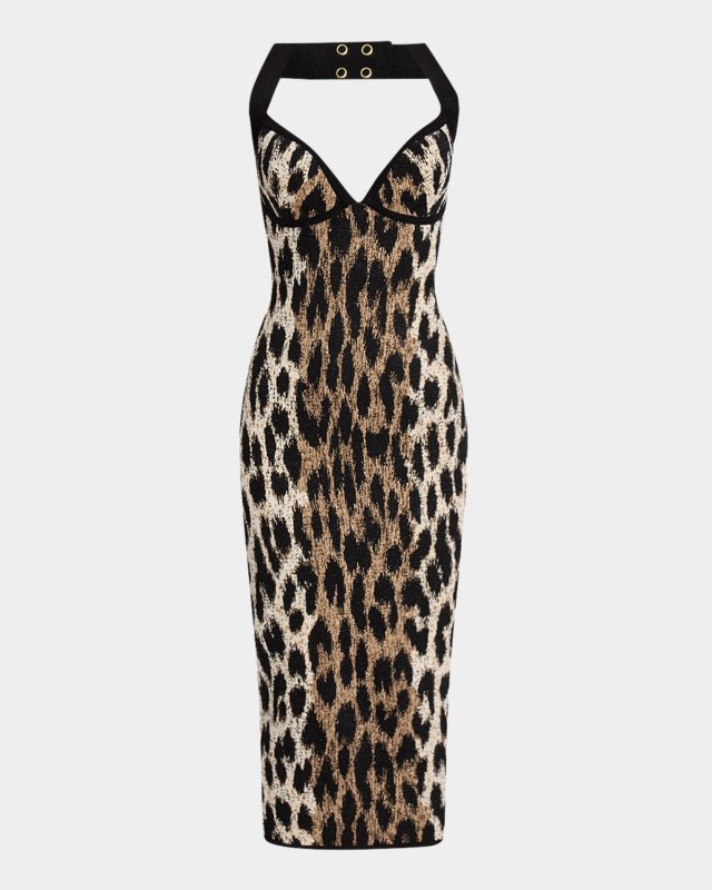 Leopard Jacquard Knit Halter Dress
